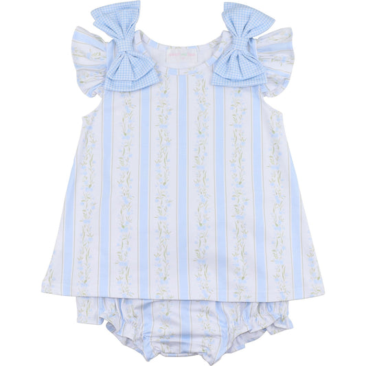 Blue Floral Stripe Bow Knit Diaper Set