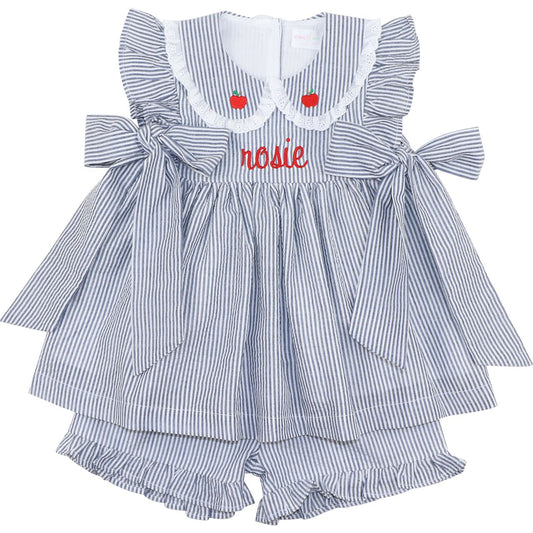 Navy Seersucker Apple Short Set