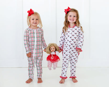 Red And Green Plaid Windowpane Knit Ruffle Zipper Pajamas