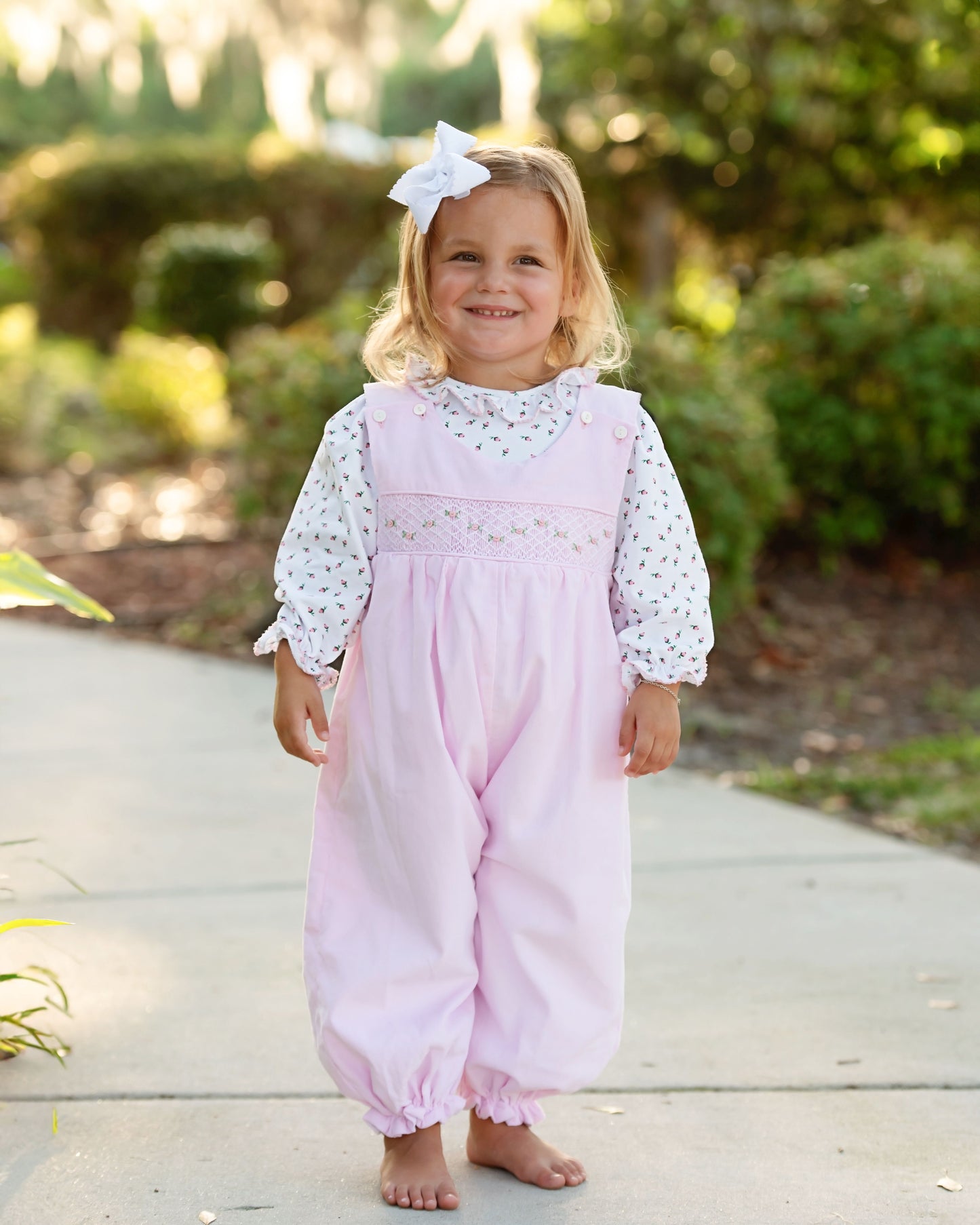 Pink Smocked Corduroy Rosebud Long Bubble Set