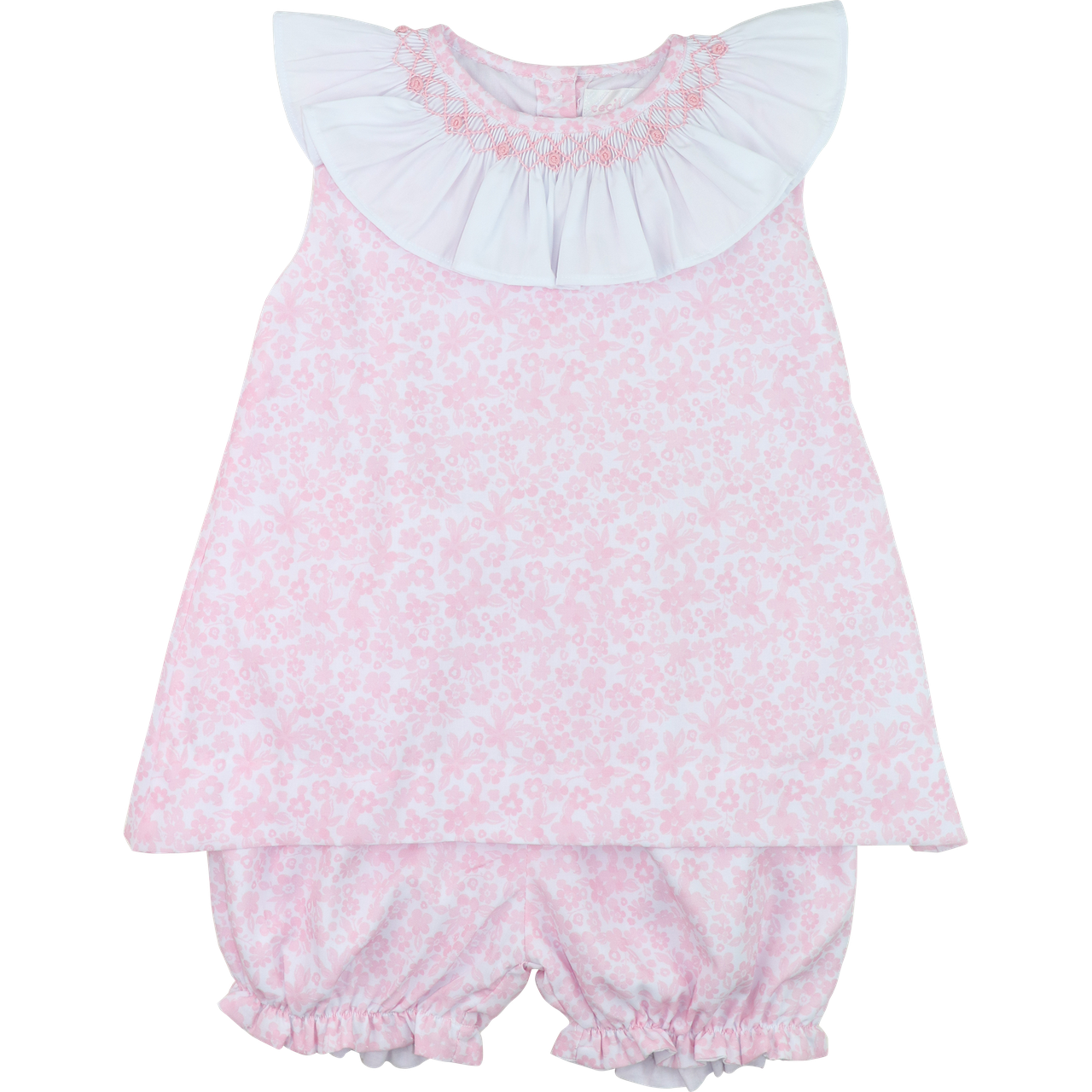 Pink Floral Smocked Ruffle Collar Bloomer Set