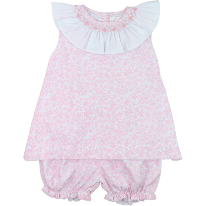 Pink Floral Smocked Ruffle Collar Bloomer Set
