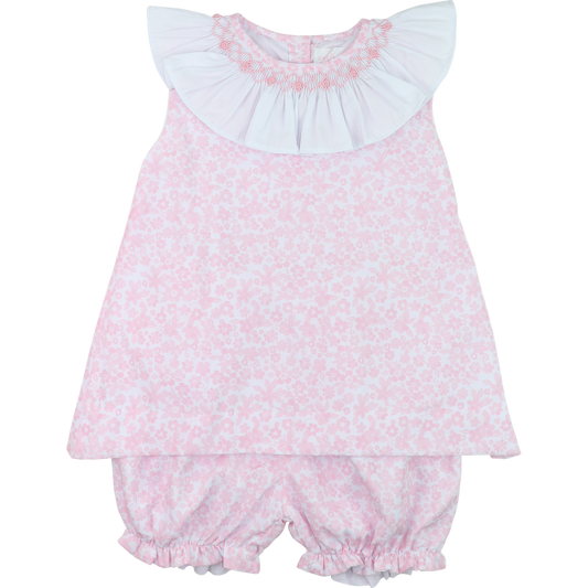 Pink Floral Smocked Ruffle Collar Bloomer Set