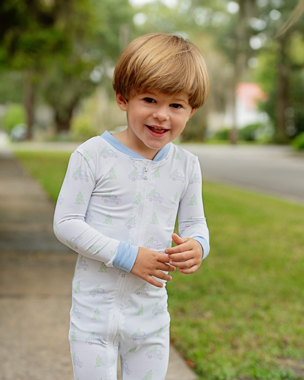 Blue Knit Christmas Car And Tree Zipper Pajamas