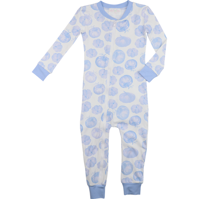 zipper pajama with blue pumpkin pattern on a white background