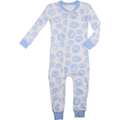 zipper pajama with blue pumpkin pattern on a white background