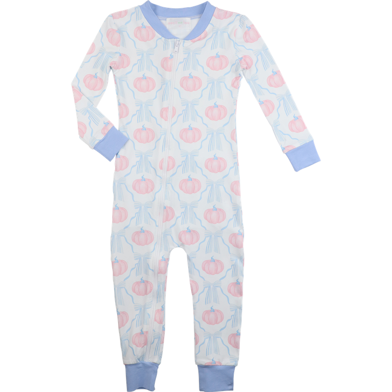 zipper pajama with pink pumpkin pattern on a light blue background