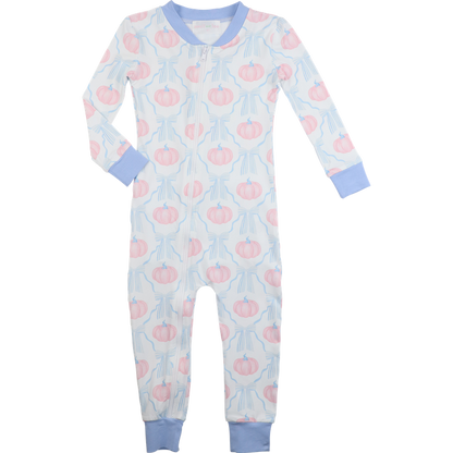 zipper pajama with pink pumpkin pattern on a light blue background