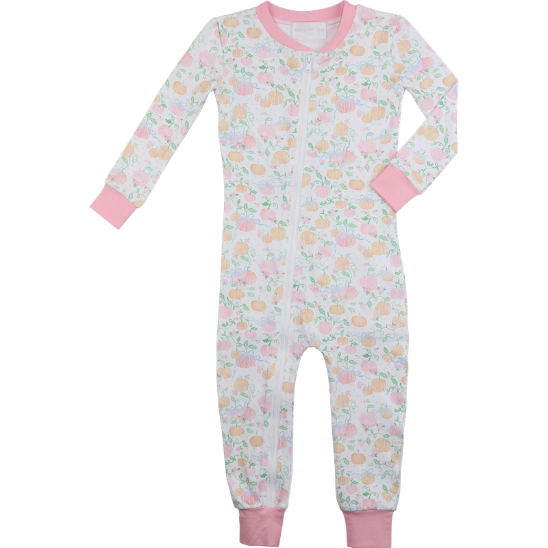 zipper pajama with pumpkin pattern and pink accents on a white background