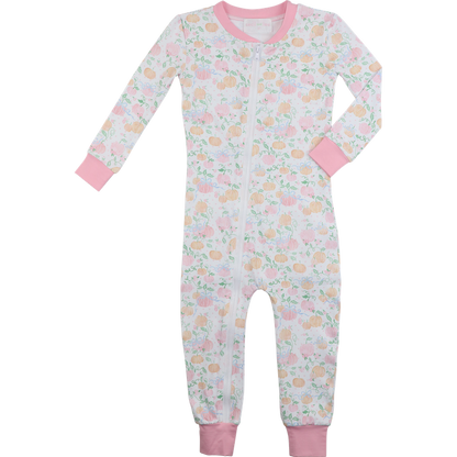 zipper pajama with pumpkin pattern and pink accents on a white background