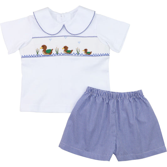Navy Gingham Smocked Mallards Short Set