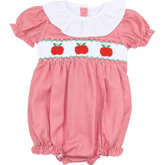 Red Gingham Smocked Apple Ruffle Bubble