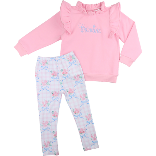 Pink And Blue Rose Bouquet Legging Set
