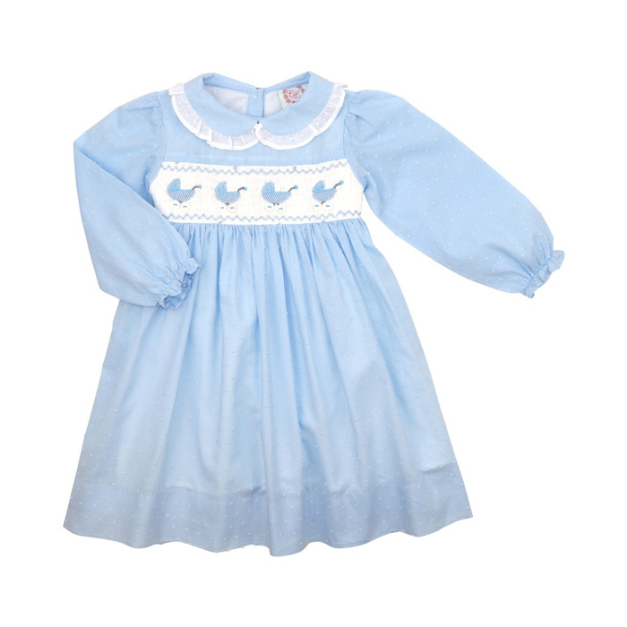 Blue Swiss Dot Smocked Baby Carriage Dress