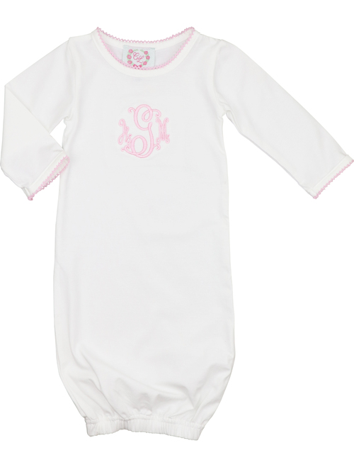 White Knit Pink Trim Monogrammed Baby Gown